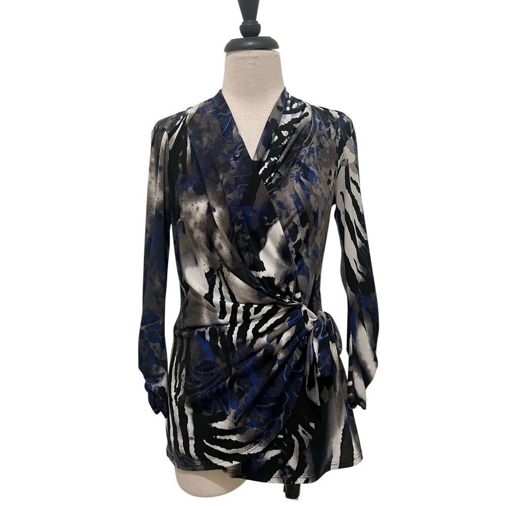 Cache Women's Abstract Zebra Print Tie Front Wrap Tunic Top Blue Grey Small